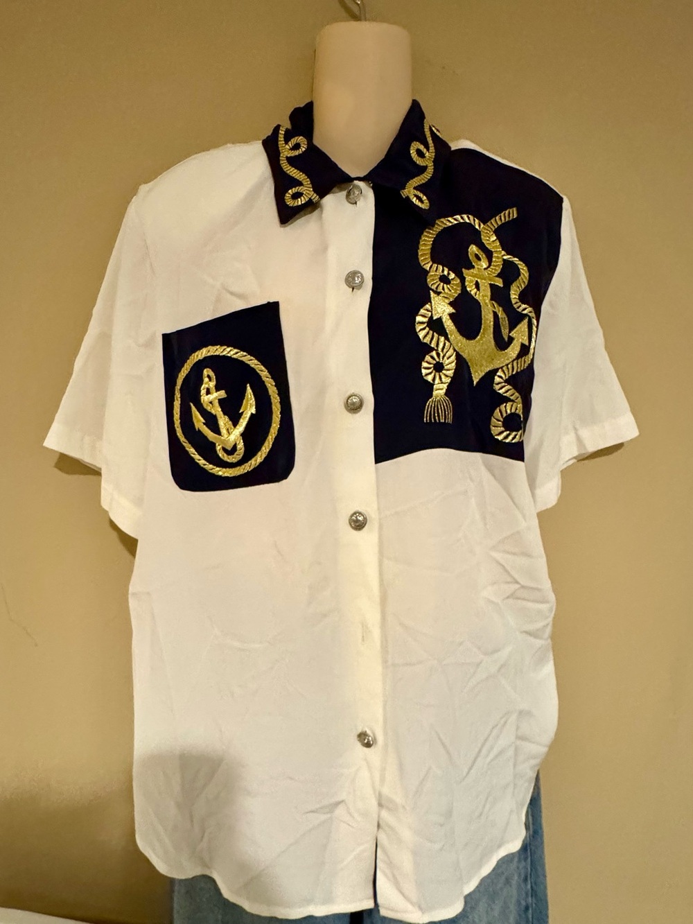 Vintage Nautical Gold and Navy Sea Chic Westboud Blouse Polyester Button Down